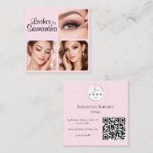 Blush Roze Zwarte Script 3 Foto Logo QR Code Vierkante Visitekaartje (Voorkant / Achterkant)