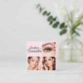 Blush Roze Zwarte Script 3 Foto Logo QR Code Vierkante Visitekaartje (Staand voorkant)