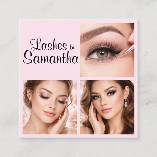 Blush Roze Zwarte Script 3 Foto Logo QR Code Vierkante Visitekaartje (Voorkant)