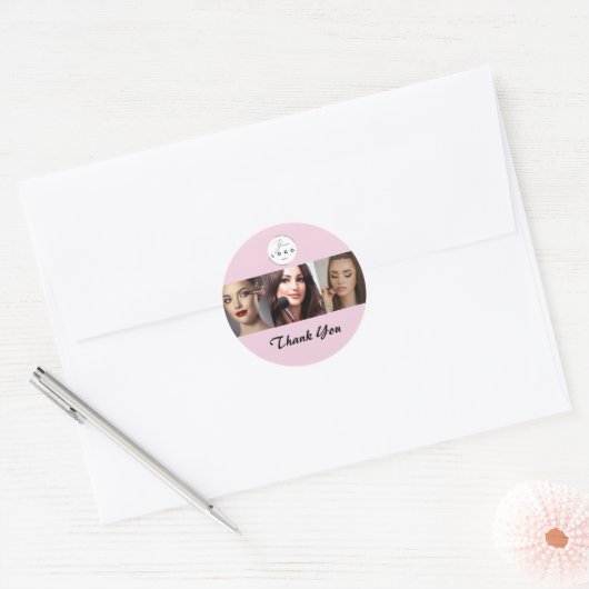 Blush Roze Zwarte Script 3 Foto Make-up Bedankt Ronde Sticker (Envelop)