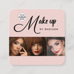 Blush Roze Zwarte Script 3 Foto Make-up Vierkante Visitekaartje