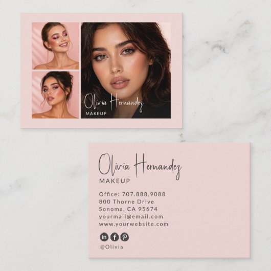 Blush Roze Zwarte Script 3 Foto Make-up  Visitekaartje (Voorkant / Achterkant)