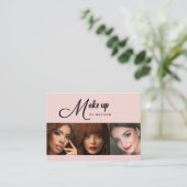 Blush Roze Zwarte Script 3 Foto Make-up Visitekaartje (Staand voorkant)