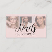 Blush Roze Zwarte Script 3 Foto QR Code Nagel Tech Visitekaartje (Voorkant)