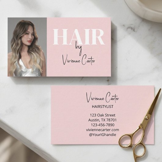 Blush Roze Zwarte Script Foto Haarstylist Visitekaartje