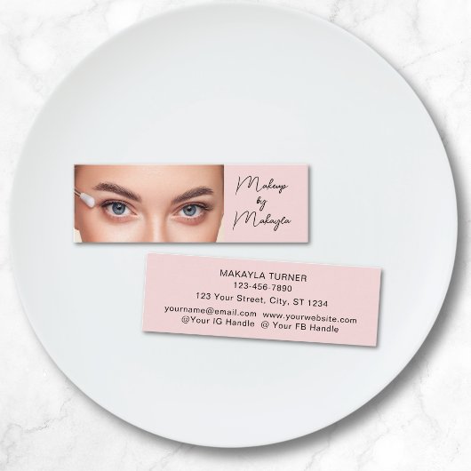 Blush Roze Zwarte Script Foto Make-up Mini Visitekaartje