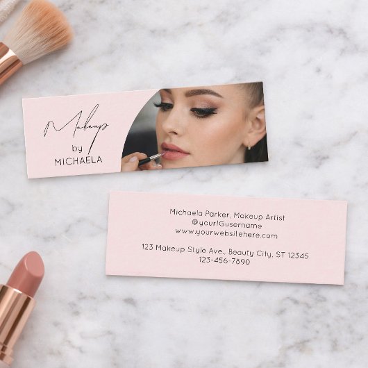 Blush Roze Zwarte Script Foto Make-up Mini Visitekaartje