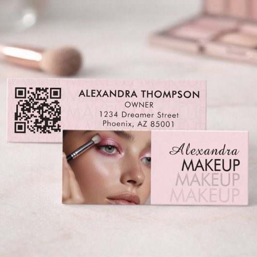 Blush Roze Zwarte Script Foto Make-up Mini Visitekaartje