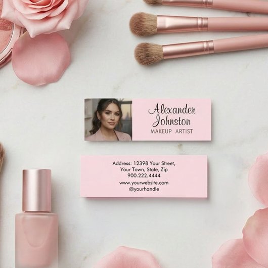 Blush Roze Zwarte Script Foto Make-up MIni Visitekaartje