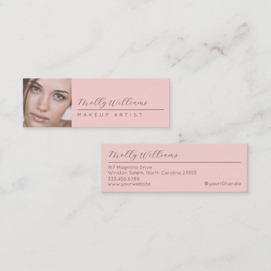 Blush Roze Zwarte Script Foto Make-up Mini Zakelij Visitekaartje (Voorkant / Achterkant)
