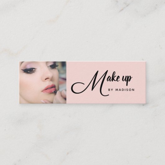 Blush Roze Zwarte Script Foto Make-up Mini Zakelij Visitekaartje (Voorkant)