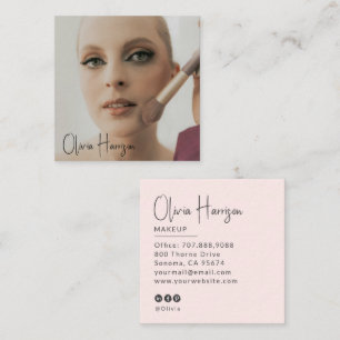 Blush Roze Zwarte Script Foto Make-up Vierkante Visitekaartje