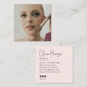 Blush Roze Zwarte Script Foto Make-up Vierkante Visitekaartje
