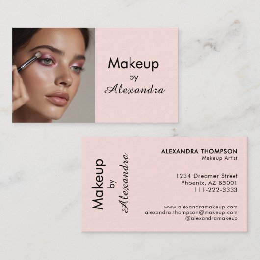 Blush Roze Zwarte Script Foto Make-up  Visitekaartje (Voorkant / Achterkant)