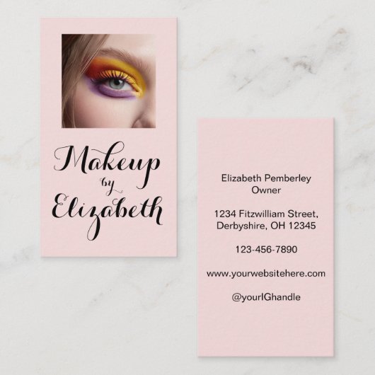 Blush Roze Zwarte Script Foto Make-up Visitekaartje (Voorkant / Achterkant)
