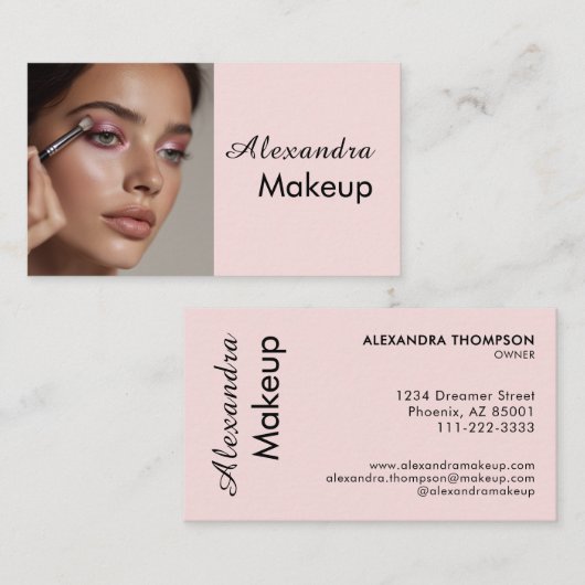 Blush Roze Zwarte Script Foto Make-up  Visitekaartje (Voorkant / Achterkant)