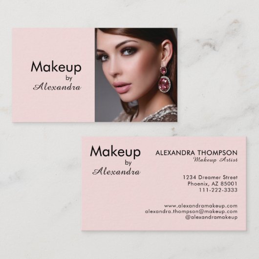 Blush Roze Zwarte Script Foto Make-up Visitekaartje (Voorkant / Achterkant)