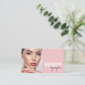 Blush Roze Zwarte Script Foto Make-up Visitekaartje (Staand voorkant)
