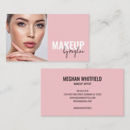 Blush Roze Zwarte Script Foto Make-up Visitekaartje (Voorkant / Achterkant)