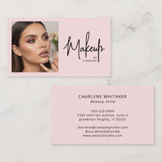 Blush Roze Zwarte Script Foto Make-up Visitekaartje (Voorkant / Achterkant)