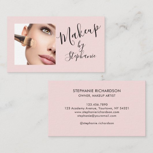 Blush Roze Zwarte Script Foto Make-up Visitekaartje (Voorkant / Achterkant)
