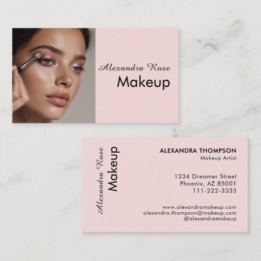 Blush Roze Zwarte Script Foto Make-up  Visitekaartje (Voorkant / Achterkant)