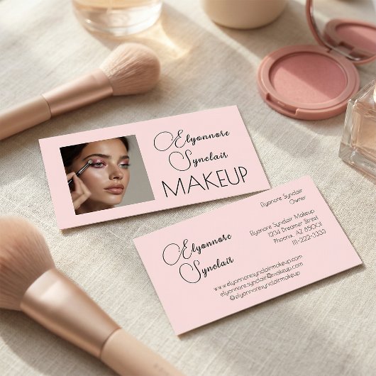 Blush Roze Zwarte Script Foto Make-up Visitekaartje