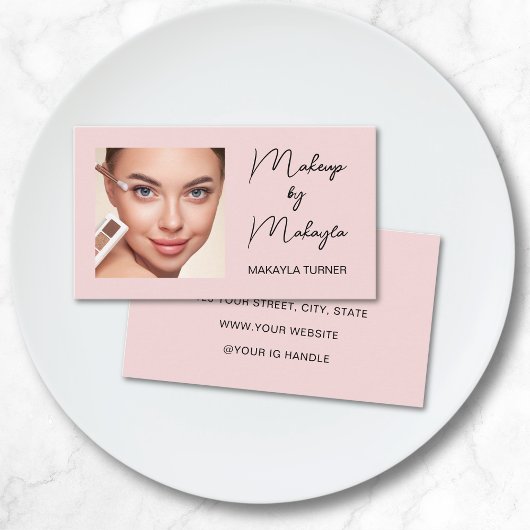 Blush Roze Zwarte Script Foto Make-up Visitekaartje