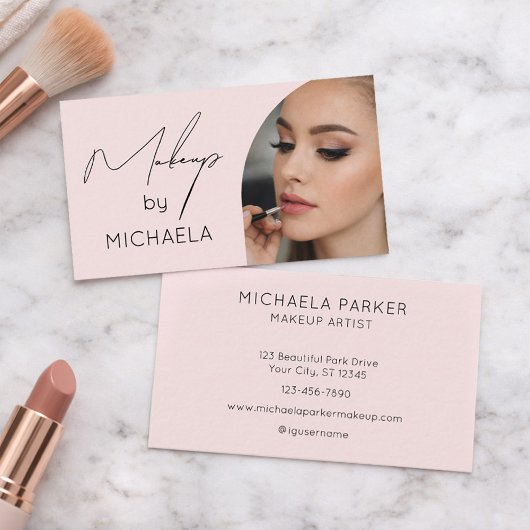 Blush Roze Zwarte Script Foto Make-up Visitekaartje