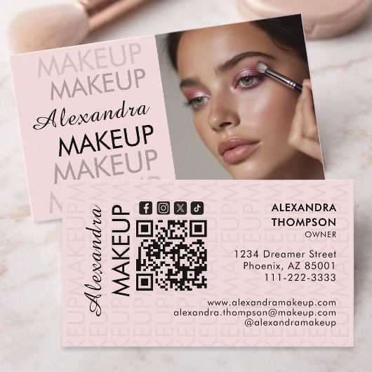 Blush Roze Zwarte Script Foto Make-up Zakelijk Visitekaartje