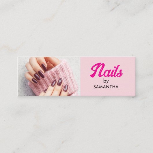 Blush Roze Zwarte Script Foto Nagels Mini  Visitekaartje (Voorkant)