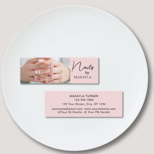 Blush Roze Zwarte Script Foto Nagelstylist Mini Visitekaartje