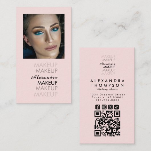 Blush Roze Zwarte Script Foto Qr Code Make-up Visitekaartje (Voorkant / Achterkant)