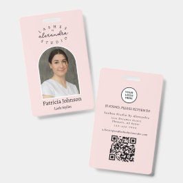 Blush Roze Zwarte Script Foto QR Wimpers Staf Badge