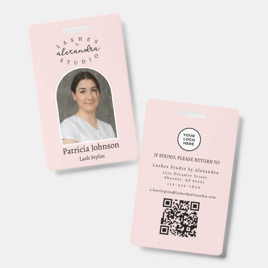 Blush Roze Zwarte Script Foto QR Wimpers Staf Badge (Voor- en achterkant)