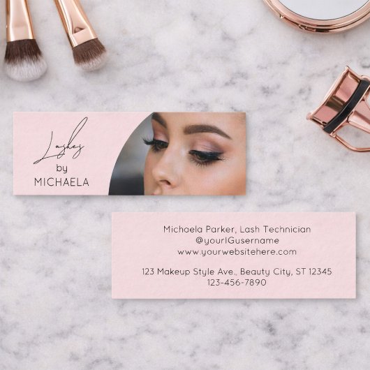 Blush Roze Zwarte Script Foto Wimpers Mini Visitekaartje