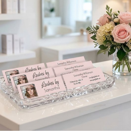 Blush Roze Zwarte Script Foto Wimpers Mini Visitekaartje
