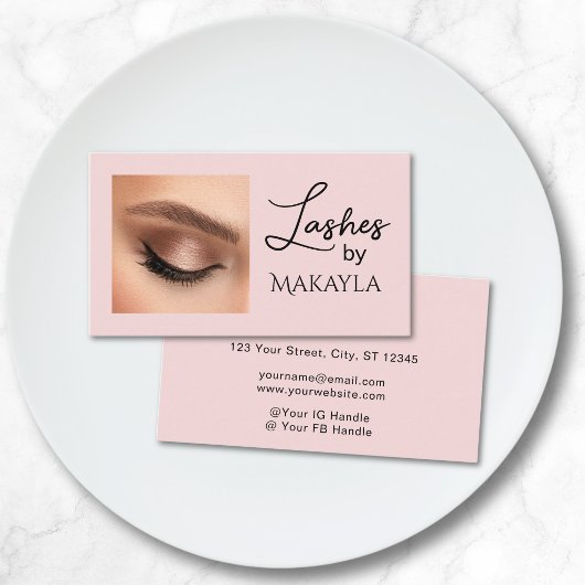 Blush Roze Zwarte Script Foto Wimpers Visitekaartje