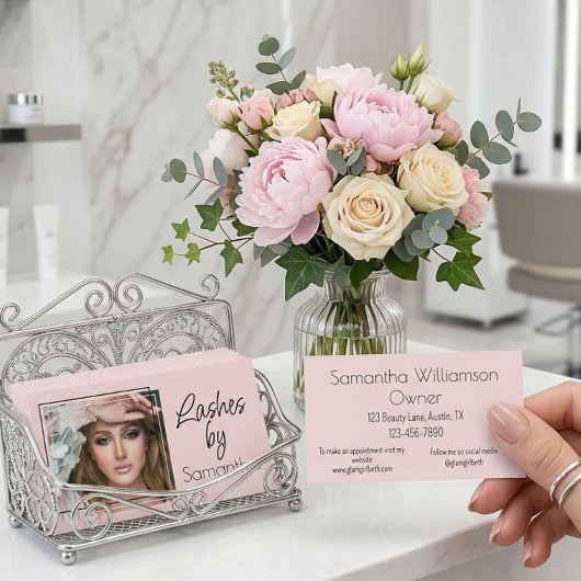 Blush Roze Zwarte Script Foto Wimpers Visitekaartje