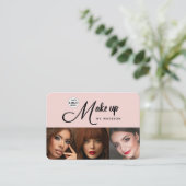 Blush Roze Zwarte Script Logo 3 Foto Make-up Visitekaartje (Staand voorkant)