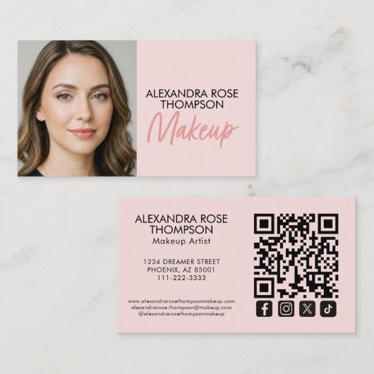 Blush Roze Zwarte Script Qr Code Social Icon Make- Visitekaartje (Voorkant / Achterkant)