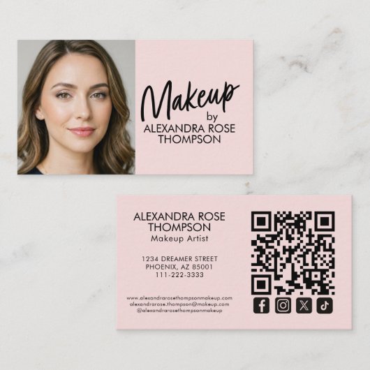 Blush Roze Zwarte Script Qr Code Social Icon Make- Visitekaartje (Voorkant / Achterkant)