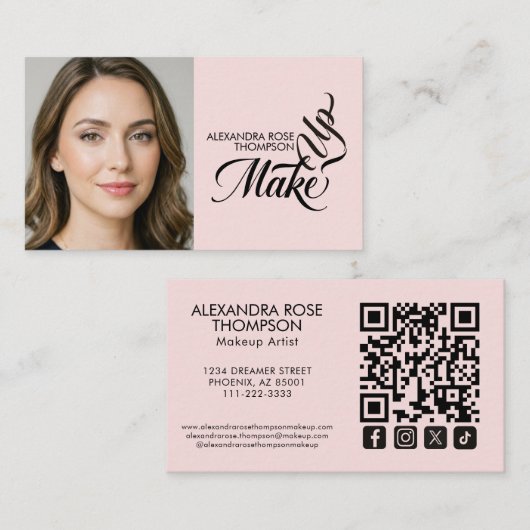 Blush Roze Zwarte Script Qr Code Social Icon Make- Visitekaartje (Voorkant / Achterkant)
