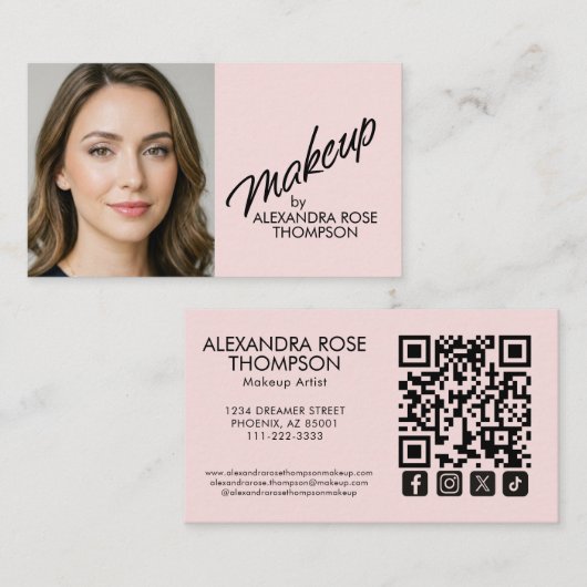 Blush Roze Zwarte Script Qr Code Social Icon Make- Visitekaartje (Voorkant / Achterkant)