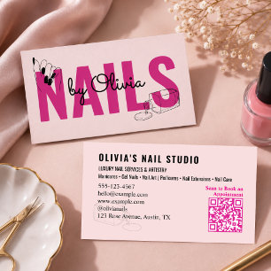 Blush Roze Zwarte Script QrCode Lijn-Kunst Nagelsa Visitekaartje