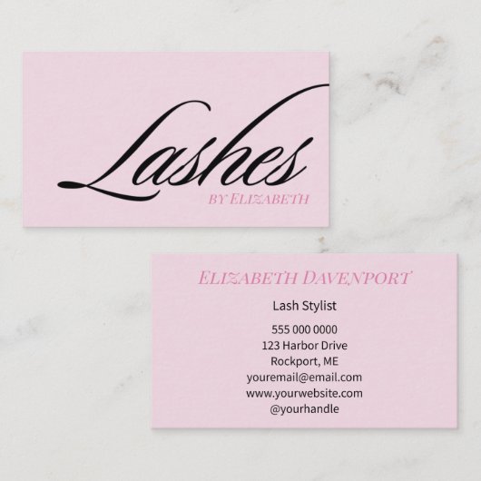 Blush Roze Zwarte Script Wimpers Visitekaartje (Voorkant / Achterkant)