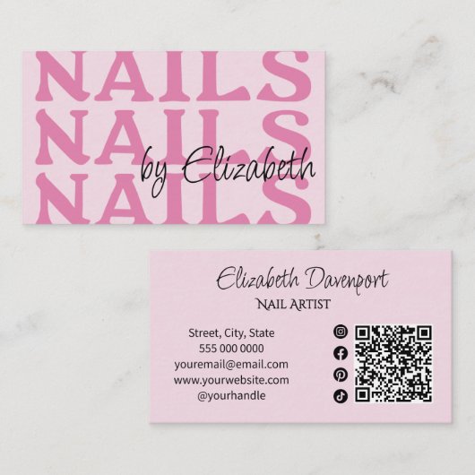 Blush Roze Zwarte Sociale Icon QR Code Nagelstudio Visitekaartje (Voorkant / Achterkant)