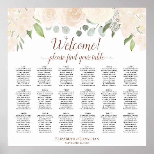 Blush Rozen 18 Table Wedding Seating Chart Poster (Voorkant)