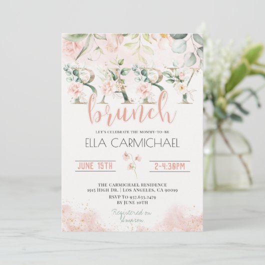 Blush Rozen Baby Brunch Invitation Kaart (Staand voorkant)