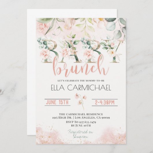 Blush Rozen Baby Brunch Invitation Kaart (Voorkant / Achterkant)